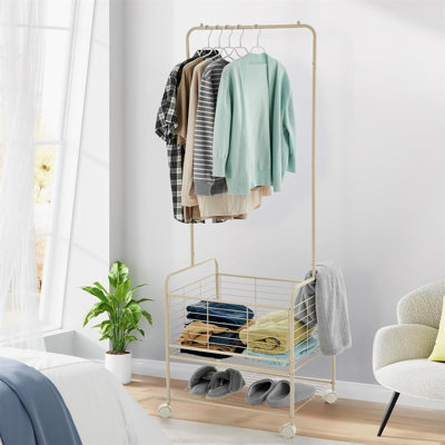 Chariot à linge en métal avec support suspendu et tablettes de rangement | Panier à roulettes 3 en 1 avec roues