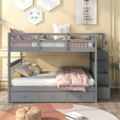 Lit superposé en escalier avec tiroir, rangement et garde-corps pour chambre à coucher