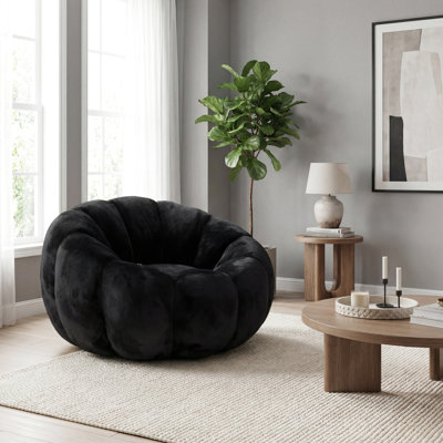 Pouf fleuri noir pour adulte, en fausse fourrure ultra douce, idéal pour la chambre et le coin lecture, garnissage en mousse déchiquetée haute densité, profondeur 113 cm, largeur 102 cm, hauteur 62 cm, poids 20 kg.