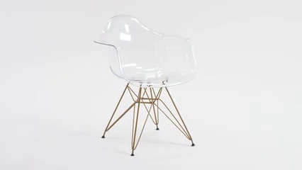 Transparent Side Chair with Curved Arms and Gold Metal Base