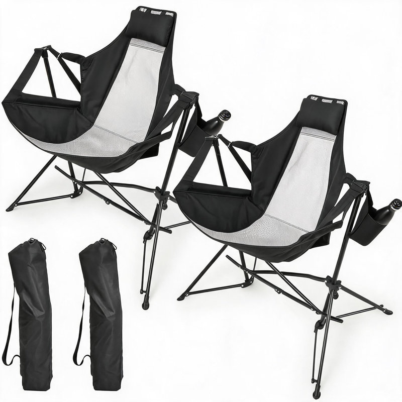 Chaise berçante de camping 2 pièces, chaise hamac pliante avec dossier réglable et porte-gobelet pour la cour extérieure