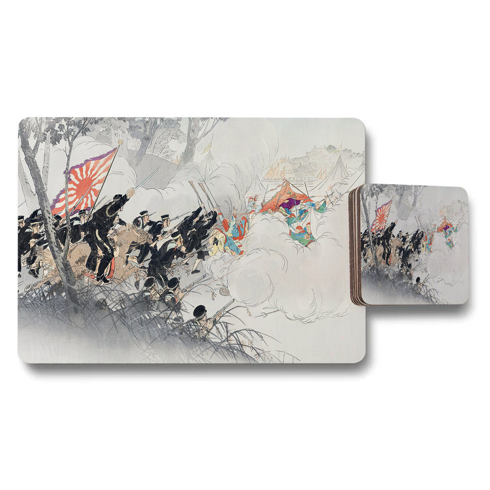 Placemat and Coaster Set Featuring Traditional Battle Scene Artwork