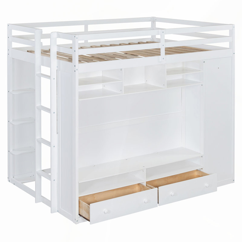 Lit mezzanine double avec tiroirs, tablettes et éclairage à DEL pour une efficacité maximale de l'espace, Blanc