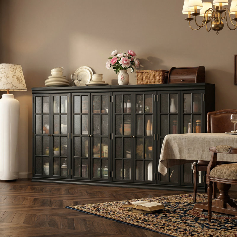 Buffet élégant vitré 8 portes 94,4 "avec tablettes fixes Amaziah, Noir