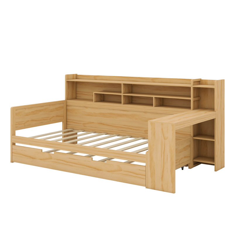 Lit de jour polyvalent en bois avec tablettes de rangement gigogne et bureau d'étude intégré, Lit simple, Naturel