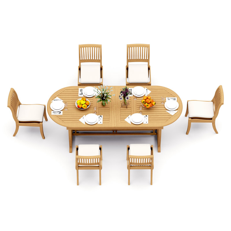 6 Seats 7 Pcs Grade-A Teak Wood Dining Set: 94" Mas Oval Trestle Leg Table And 6 Arbor Stacking Armless Chairs #11AB2300, 6