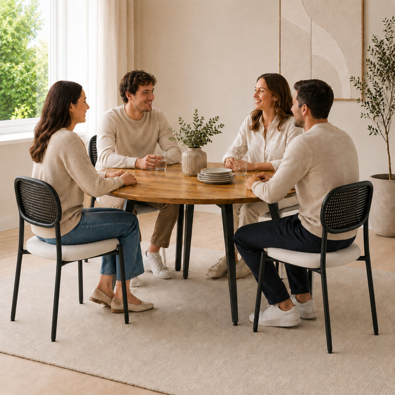Chaise de salle à manger moderne à dossier canne Daishun, fauteuil incurvé en rotin en forme de U, siège d'appoint rembourré avec pieds en métal noir