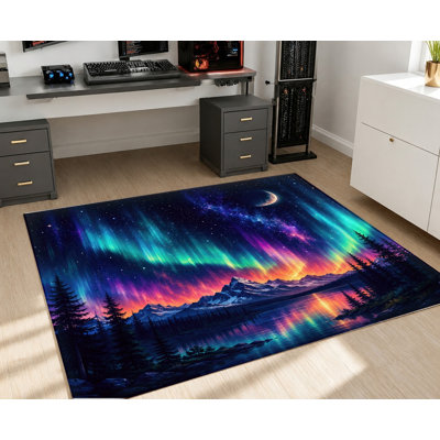 Northern Lights Aurora Print Machine Washable Area Rug with Non‑Slip Backing, Cosmic Night Sky Mountains and Trees Design Pattern Floor Carpet, Cozy Indoor Home Decor for Living Room, Bedroom, Dormitory, Balcony, Apartment