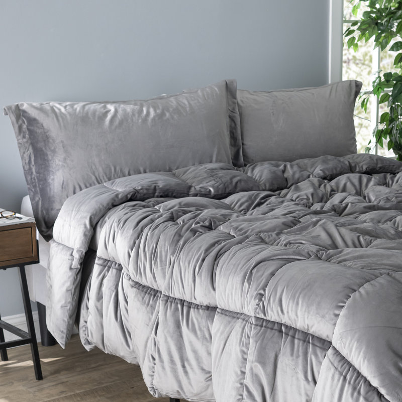Cuz I'm Cozy Coma Inducer Velvet Oversized Lightweight Comforter Set, Gray, Twin XL Comforter + 1 Standard Sham
