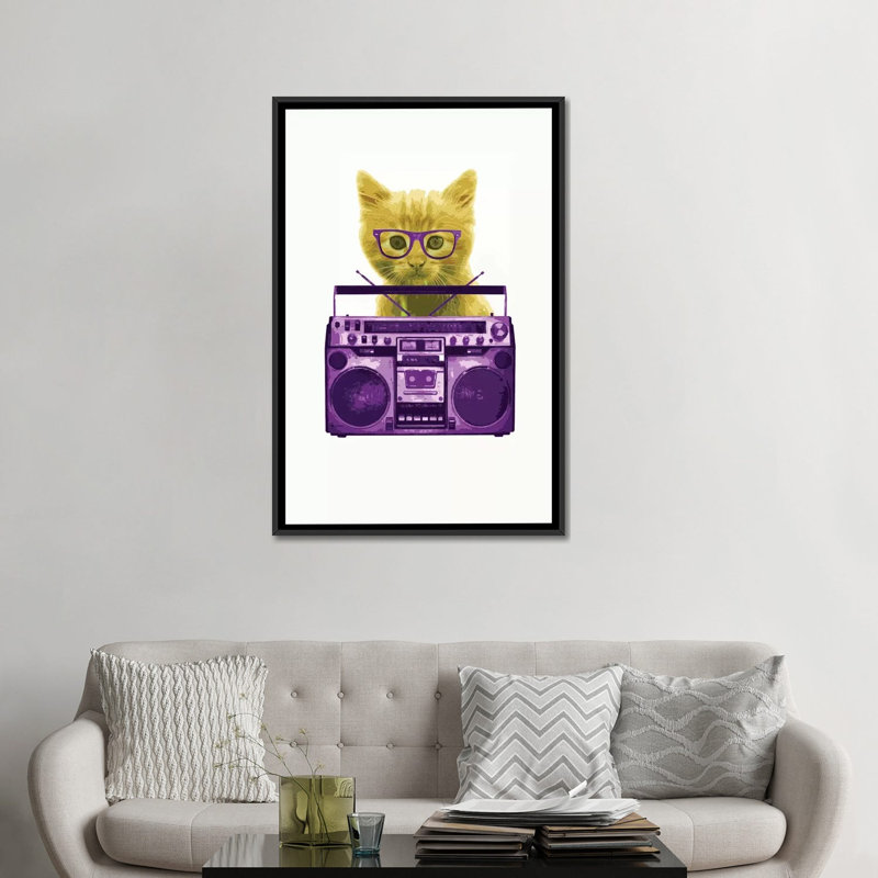 «Hipster Kitty», impression sur toile, Toile avec cadre noir, H 48 po x l 32 po x P 1,5 po, Pas de tapis