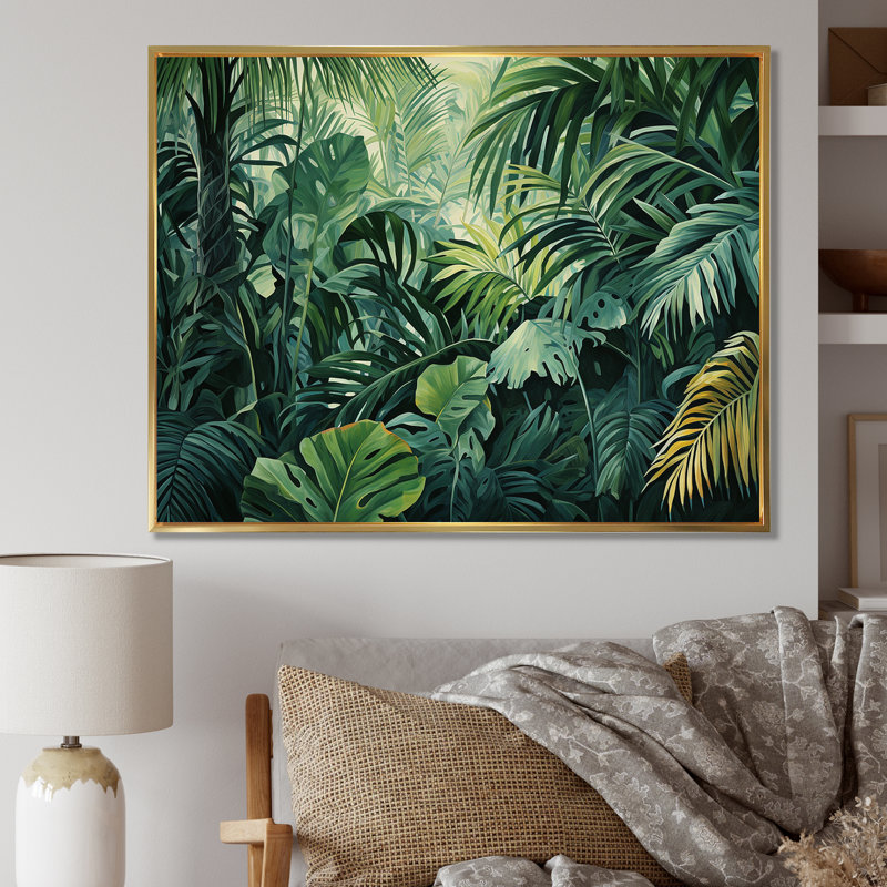 «Jade Jungle Thick Jungle Of Palm Trees II», reproduction d'art sur toile de palmiers, 30" H x 40" W, Cadre flottant doré