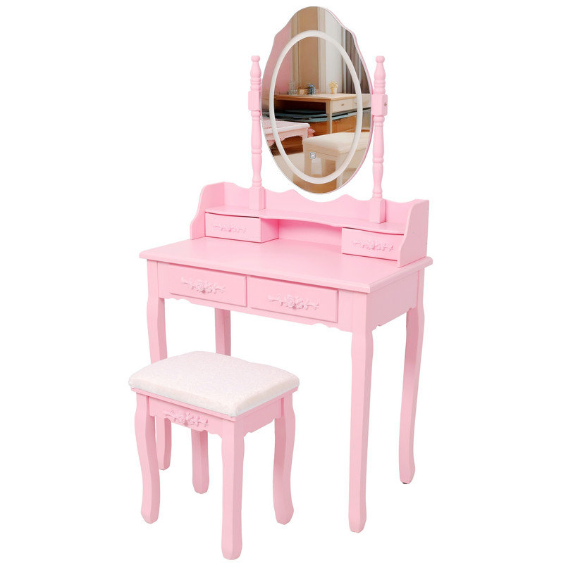 Ensemble de coiffeuse avec miroir et tabouret rembourré Pink Princess, Rose