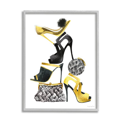 Glam Fashion Accessoires, chaussures empilées et sacs à main blancs, estampe numérique encadrée, art de Mercedes Lopez Charro