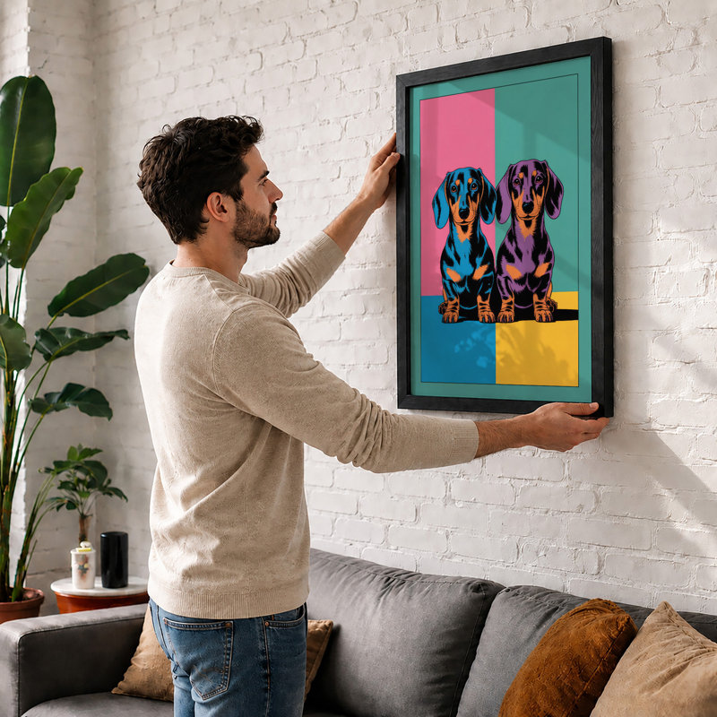 Dachshund Duet Pop Art - Framed Print, A3 - 42.0 x 29.7 cm, White