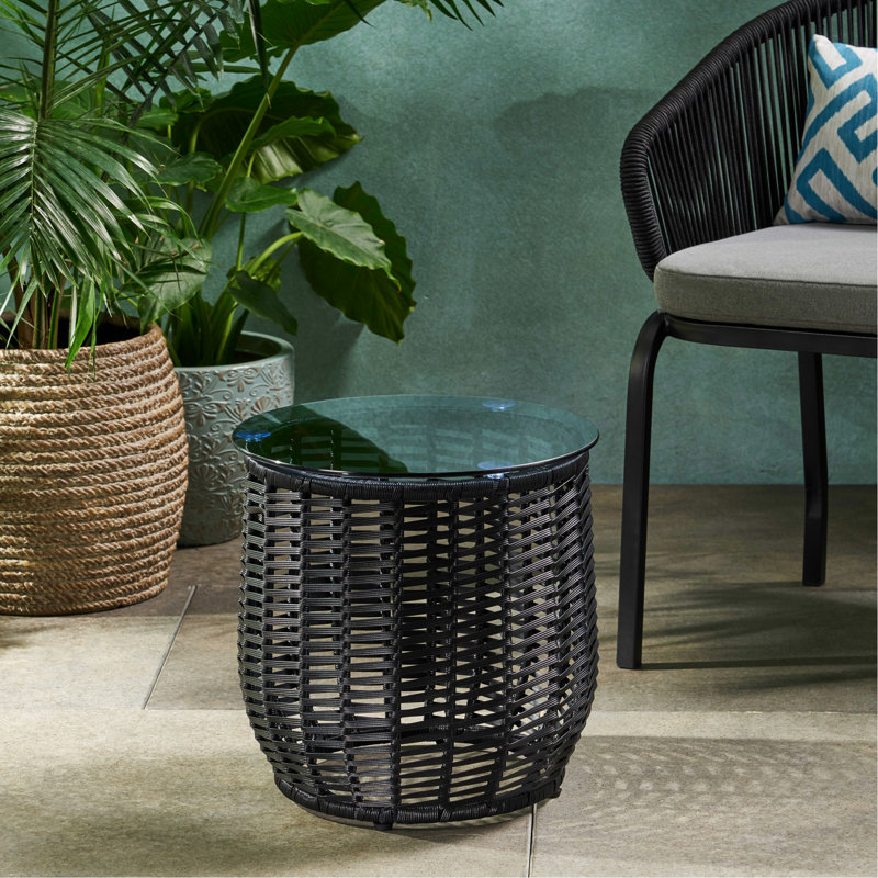 Table d'appoint de patio en verre trempé de 15,52 po, conception et cadre en fer thermolaqué de 15,52 po