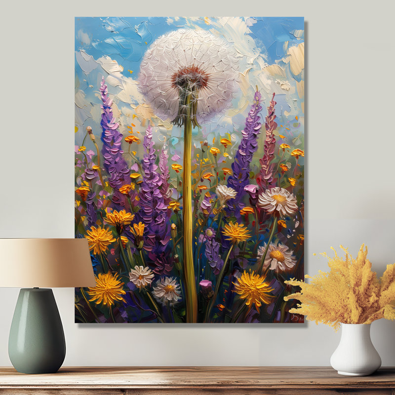 Pissenlit blanc blanc mauve d'été I - art mural pissenlit, Métal métal, H 12 po x l 20 po