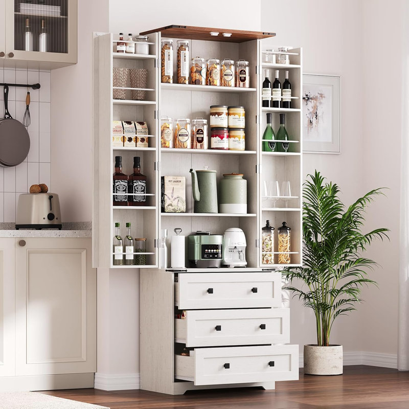 Grand garde-manger de style campagnard de 72 po avec 2 portes de grange et 3 tiroirs, tablettes de rangement réglables en bois pour la salle à manger, la salle de bain et le salon