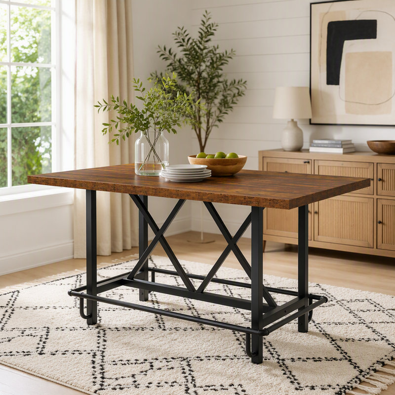 63" Counter Height Dining Table with Industrial Metal Frame & Footrest
