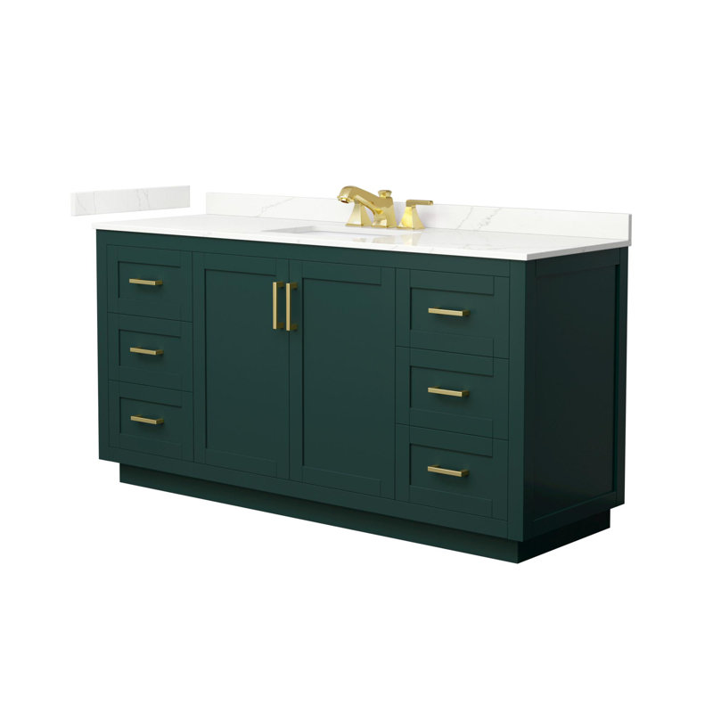 Miranda 66" Freestanding Single Bathroom Vanity with Quartz Top, Giotto Quartz, Green, Brushed Gold