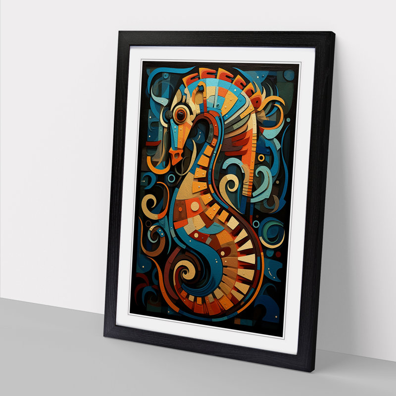 Seahorse Constructivism - Single Picture Frame Print on Wood, Black, 46cm H x 34cm W x 2cm D