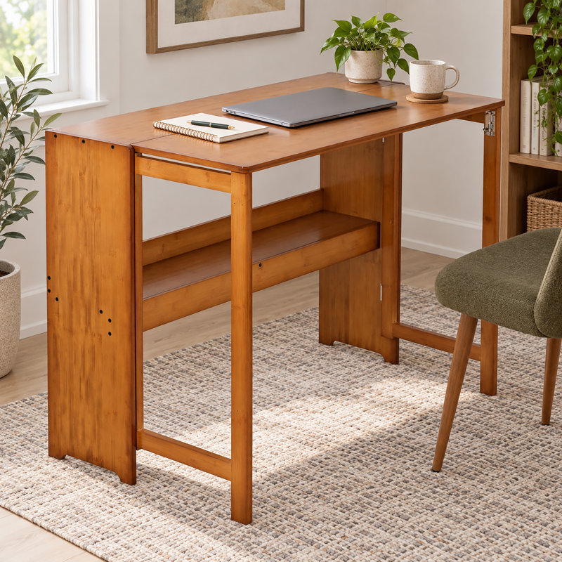 Bureau pliable en bambou massif avec étagères de rangement ouvertes intégrées, poste de travail peu encombrant pour chambre, dortoir, appartement et bureau à domicile, finition marron