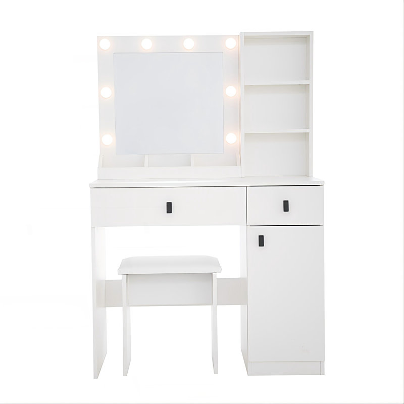 Bureau de coiffeuse avec lumières, ensemble de coiffeuse avec miroir, bureau de maquillage avec grands tiroirs