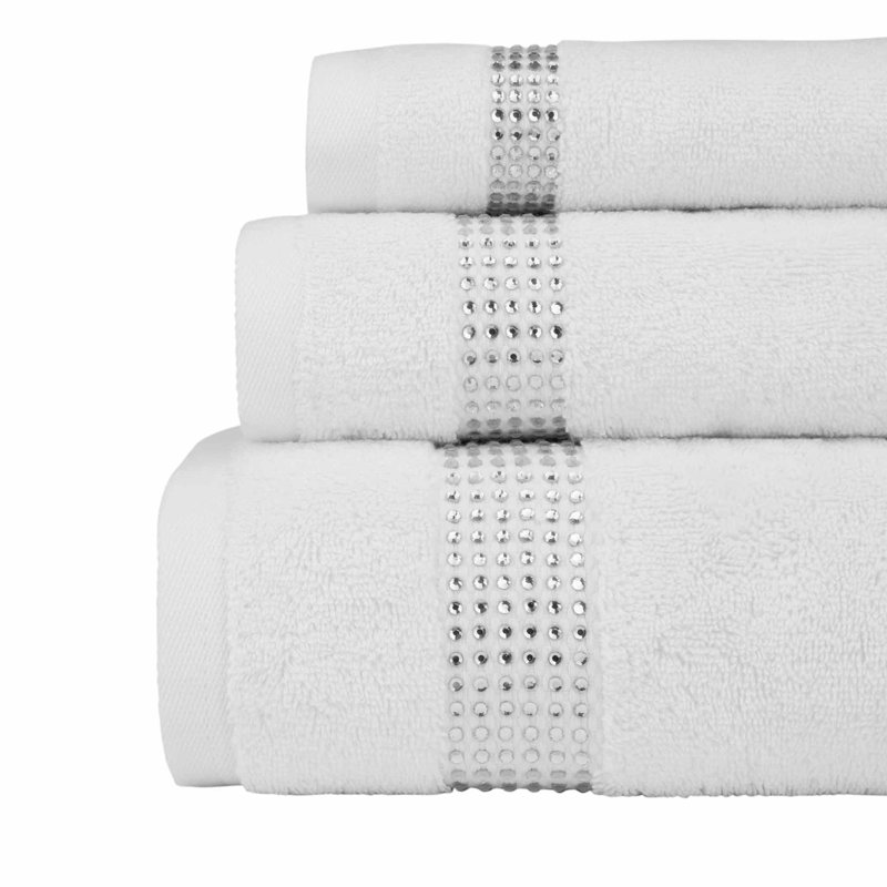 Sparkles Home | 3 Piece Cotton Towel Set | Rhinestone Stripe | Elegant Bathroom Decor, White