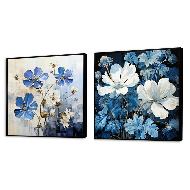 Minimalisme bleu et blanc fleurs de géraniums - ensemble de 2 géraniums carrés, Cadre flottant noir, H 30 po x l 61 po