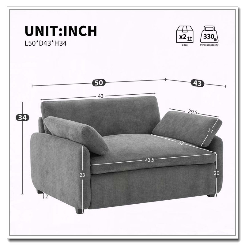 Fauteuil simple surdimensionné en chenille 50 * 43 ", chaise d'appoint large et profonde, Gris
