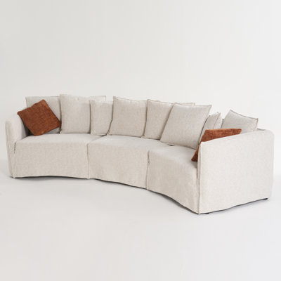 Modern Curved Sofa, Linen Removable Slipcover, Solid Wood Frame And Throw Pillows