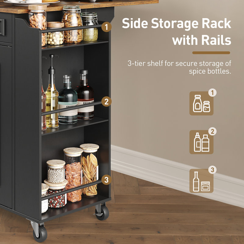 32.4" Kitchen Island with Power Outlets & Drop Leaf, Walnut/Black