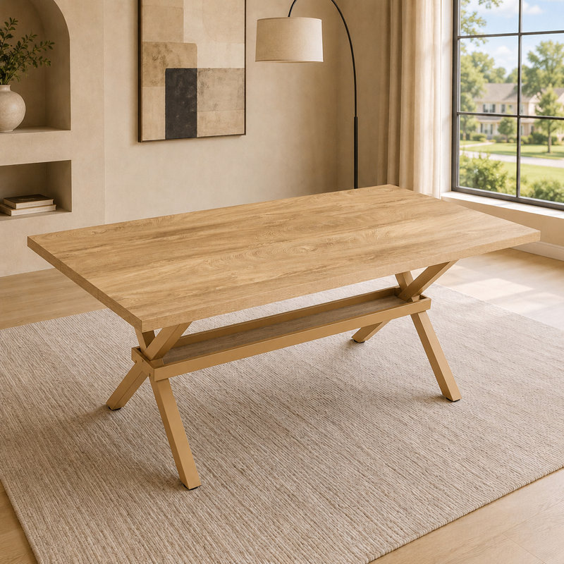 Table de salle à manger industrielle moderne pour 6 à 8 personnes avec plateau en bois aggloméré et base en métal en forme de X pour la salle à manger, la cuisine et le bureau