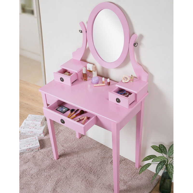 Wood Moniya Makeup Vanity Table And Stool Set, Pink