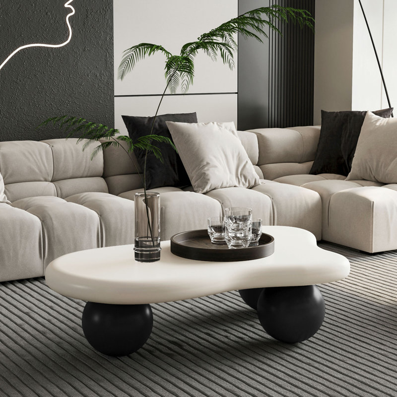 Table basse de 40 po en forme de nuage avec 3 pieds sphériques pour le salon, Blanc/Noir