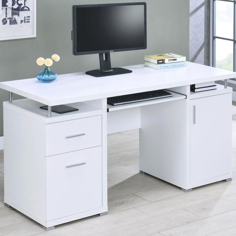 Bureau blanc de 55 pouces avec 2 tiroirs, détails en métal modernes, espace de rangement généreux pour une utilisation abondante