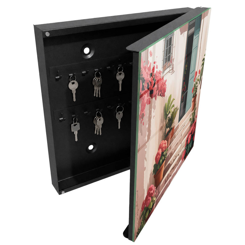 Wall mounted key box, Opens to the left, 30x30x5, White, Flowers in pots on the warm stairs, 