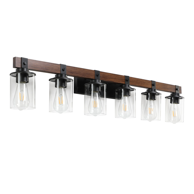 DAKAFUL 6-Light Dimmable Bathroom Vanity Light over Mirror with Wood and Glass Shade, 6