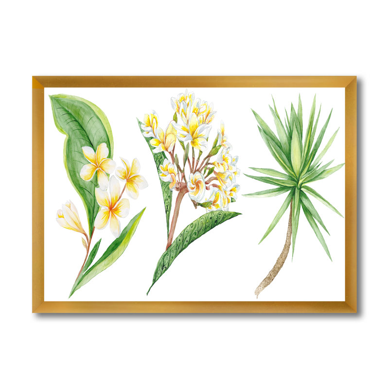 Feuillage tropical et fleurs jaunes - peinture sur toile, H 12 po x l 20 po x p 1 po, Cadre doré