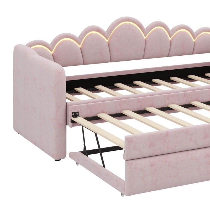 Twin XL Size Upholstered Daybed With Pull-Out Bed And Adjustable LED Light, Pull-Out Bed With Flexible Settings, Pink