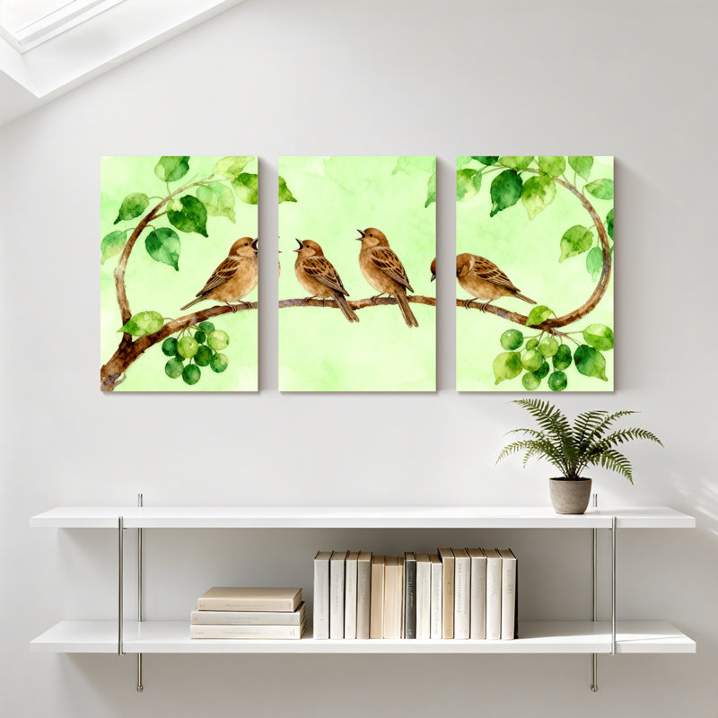 Oiseaux sur une branche avec feuilles vertes et baies, ensemble de 3 impressions sur toile, H 30 po x l 60 po