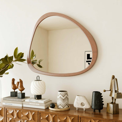 Miroir en bois massif 45 po Miroir mural asymétrique avec cadre en bois et miroir de grande taille, pour salon, chambre à coucher, salle de bain, couloir ou entrée, noyer