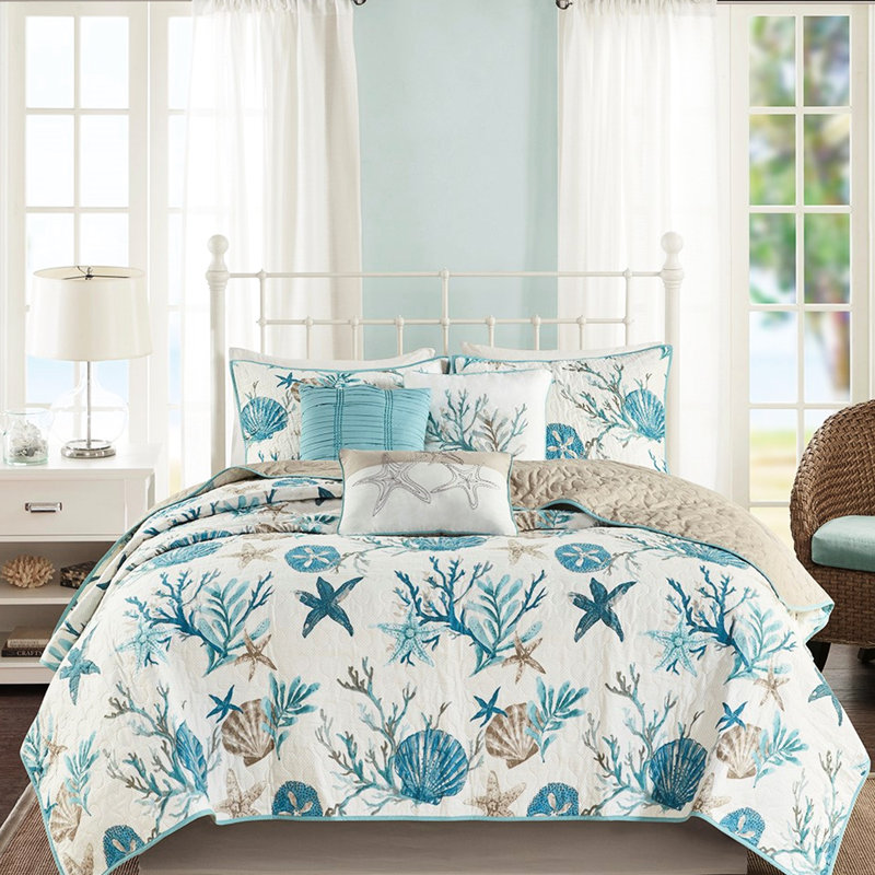 Luxueuse courtepointe double / grand - 6 pièces imprimées avec des coquillages, des étoiles de mer et des coraux pour le coton de la chambre à coucher avec imprimé