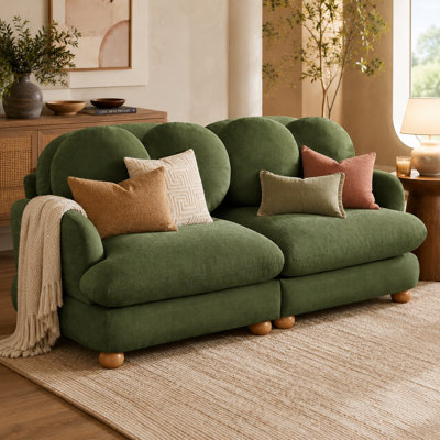 Gatton Chenille Loveseat Sofa, 2-Seater Deep Seat Couch with 4 Throw Pillows, Solid Wood Frame, Rounded Armrests & Wooden Legs, Retro Modern Small Sofa for Living Room