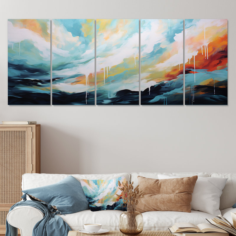 Azur bleu blanc Fusion I - ensemble de 5 peintures murales abstraites, H 28 po x l 60 po