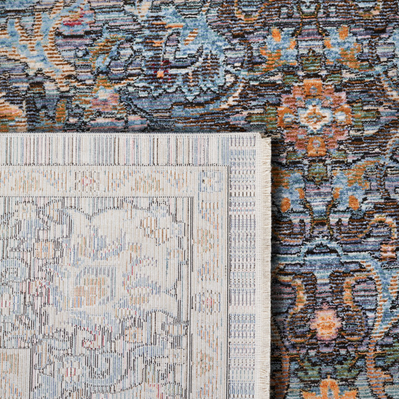 Tapis oriental en polyester tissé à la machine en bleu / ivoire, Rectangle 2 pi 2 po x 4 pi
