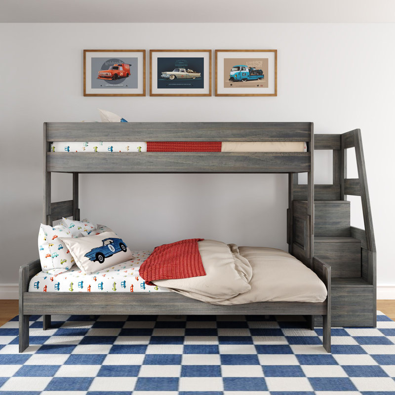 Modern Farmhouse Bunk Bed With Staircase, Driftwood, Twin XL Over Queen