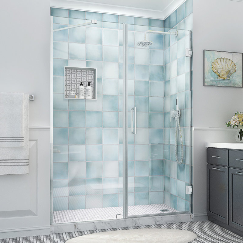 Belmore XL 64.25 - 65.25 in. x 80 in. Frameless Hinged Shower Door with Ultra-Bright Glass, Stainless Steel, Clear Glass
