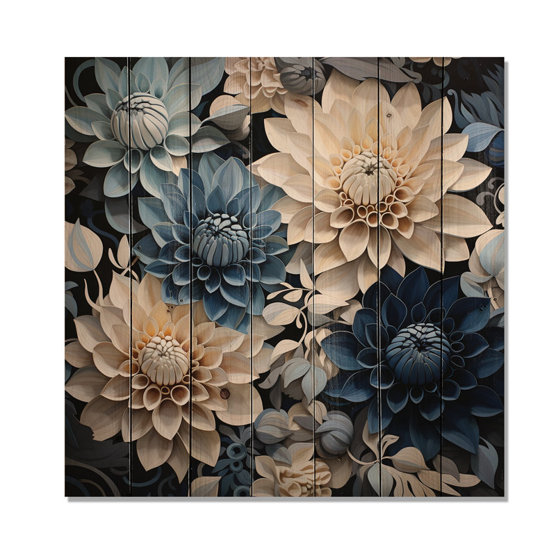 Délice de fleur de dahlia bleu et blanc - art mural en bois de dahlia sur bois de pin naturel, H 15 po x l 15 po