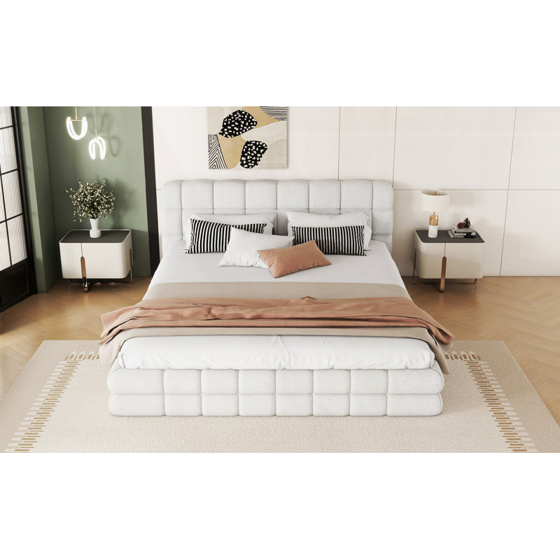 Queen Size Upholstered Platform Bed, White