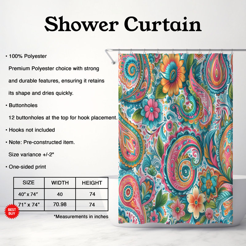 Rideau de douche standard 1 pièce Preppy Paisley Pop, H 74 po x l 71 po